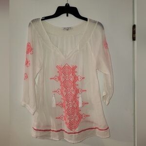 Jou Jou Ivory Blouse with Coral Embroidery